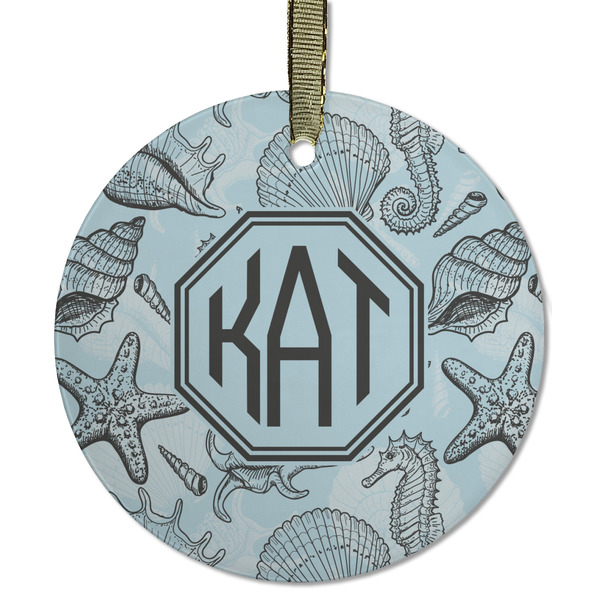 Custom Sea-blue Seashells Flat Glass Ornament - Round w/ Monogram