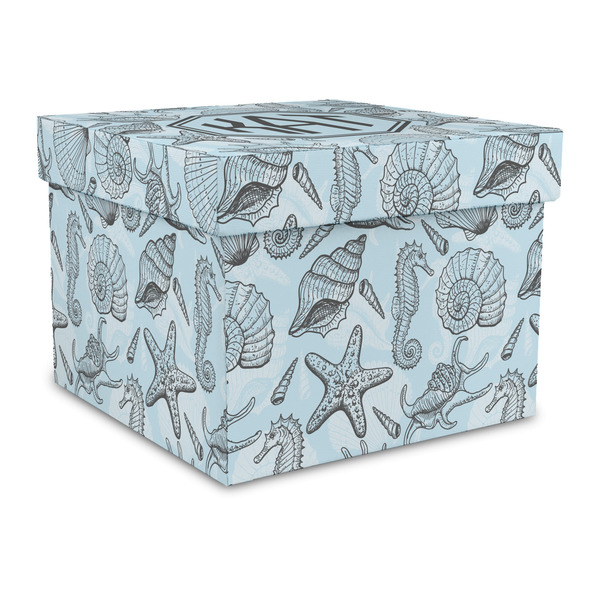 Custom Sea-blue Seashells Gift Box with Lid - Canvas Wrapped - Large (Personalized)