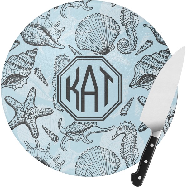 Custom Sea-blue Seashells Round Glass Cutting Board - Medium (Personalized)