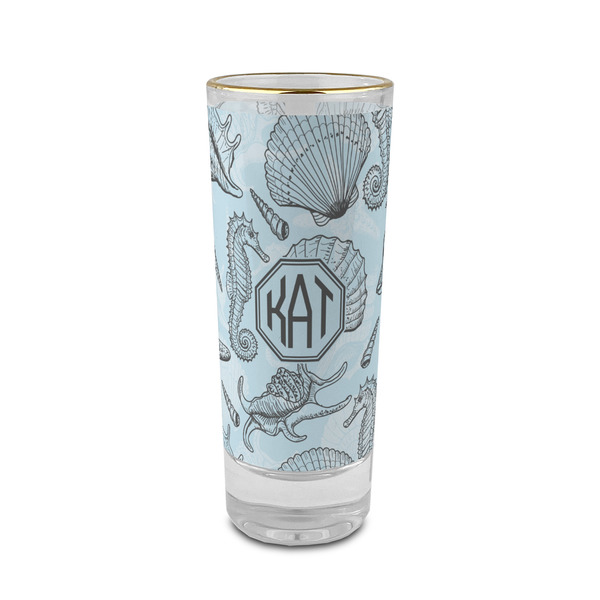 Custom Sea-blue Seashells 2 oz Shot Glass - Glass with Gold Rim (Personalized)