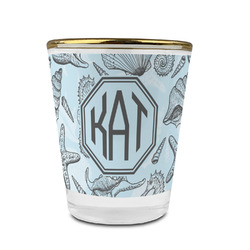 Sea-blue Seashells Glass Shot Glass - 1.5 oz - with Gold Rim - Set of 4 (Personalized)