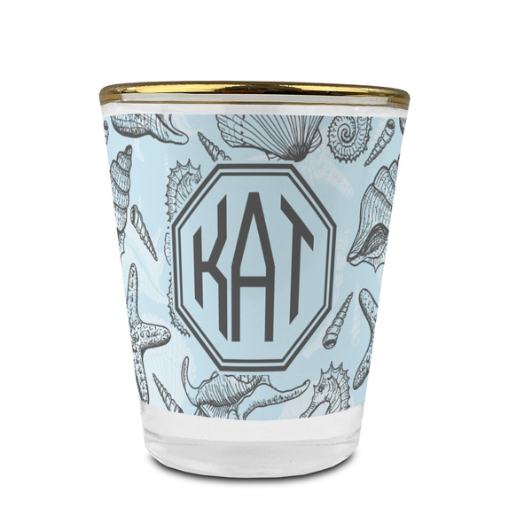 Sea-blue Seashells Glass Shot Glass - With gold rim - FRONT
