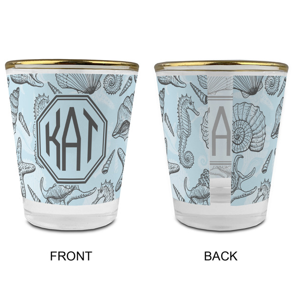 Sea-blue Seashells Glass Shot Glass - with gold rim - APPROVAL