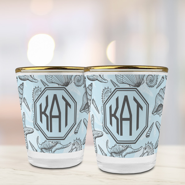 Sea-blue Seashells Glass Shot Glass - with gold rim - LIFESTYLE