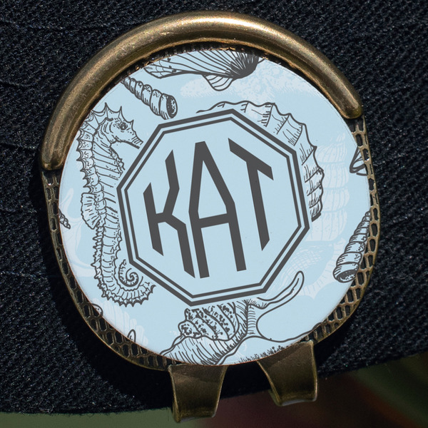 Sea-blue Seashells Golf Ball Marker Hat Clip - Gold - Close Up