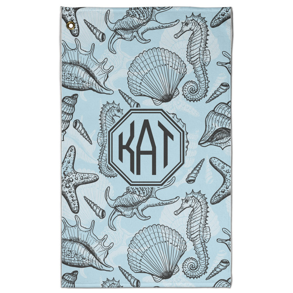 Custom Sea-blue Seashells Golf Towel - Poly-Cotton Blend w/ Monograms
