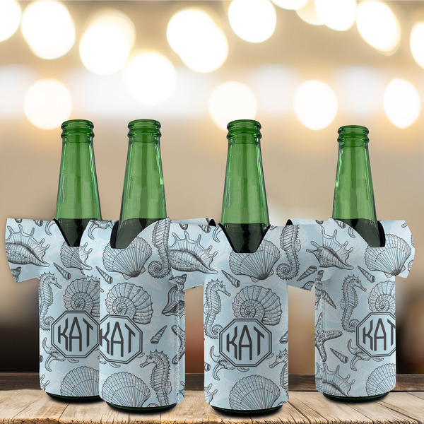 Sea-blue Seashells Jersey Bottle Cooler - Set of 4 - LIFESTYLE