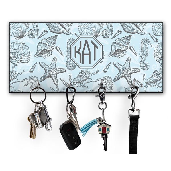 Custom Sea-blue Seashells Key Hanger w/ 4 Hooks w/ Monogram