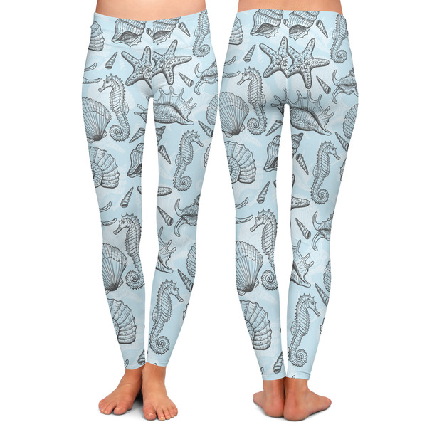 Sea-blue Seashells Ladies Leggings - Front and Back