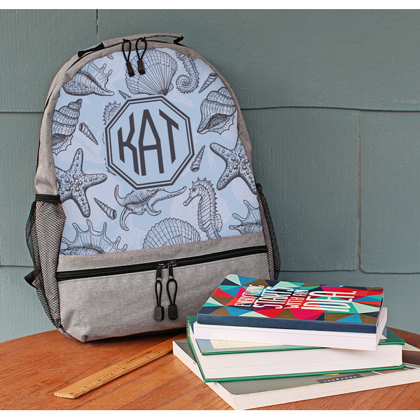 Sea-blue Seashells Large Backpack - Gray - On Desk