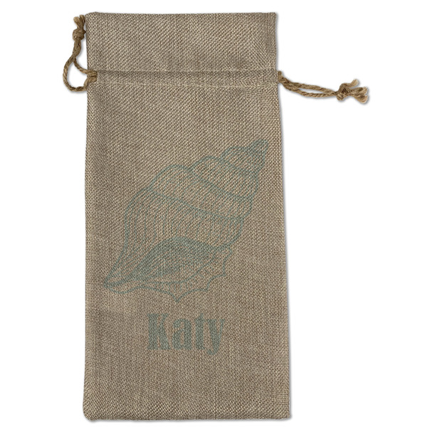 Custom Sea-blue Seashells Large Burlap Gift Bag - Front (Personalized)