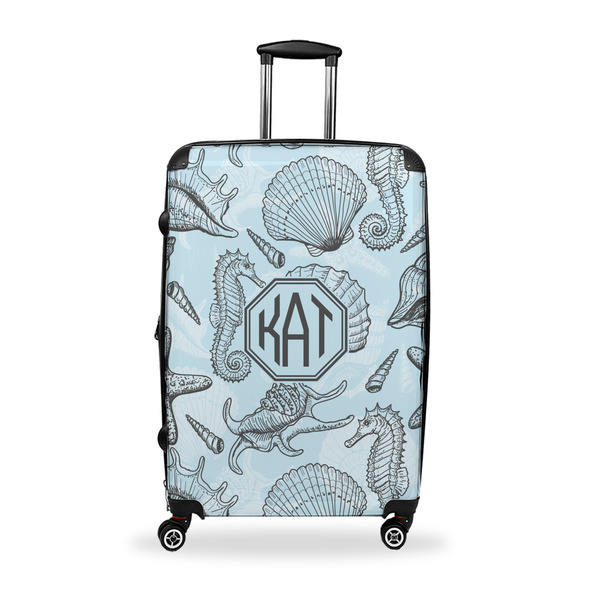 Custom Sea-blue Seashells Suitcase - 28" Large - Checked w/ Monogram