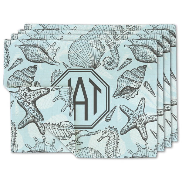 Custom Sea-blue Seashells Double-Sided Linen Placemat - Set of 4 w/ Monogram