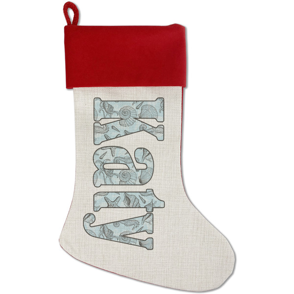 Custom Sea-blue Seashells Red Linen Stocking (Personalized)