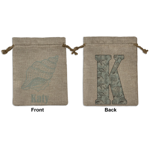 Custom Sea-blue Seashells Medium Burlap Gift Bag - Front & Back (Personalized)