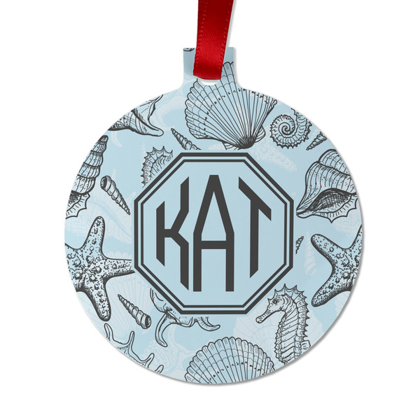 Custom Sea-blue Seashells Metal Ball Ornament - Double Sided w/ Monogram