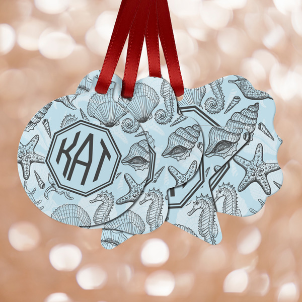 Custom Sea-blue Seashells Metal Ornaments - Double Sided w/ Monogram