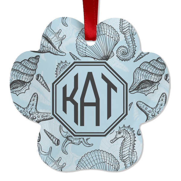 Custom Sea-blue Seashells Metal Paw Ornament - Double Sided w/ Monogram