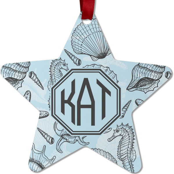 Custom Sea-blue Seashells Metal Star Ornament - Double Sided w/ Monogram