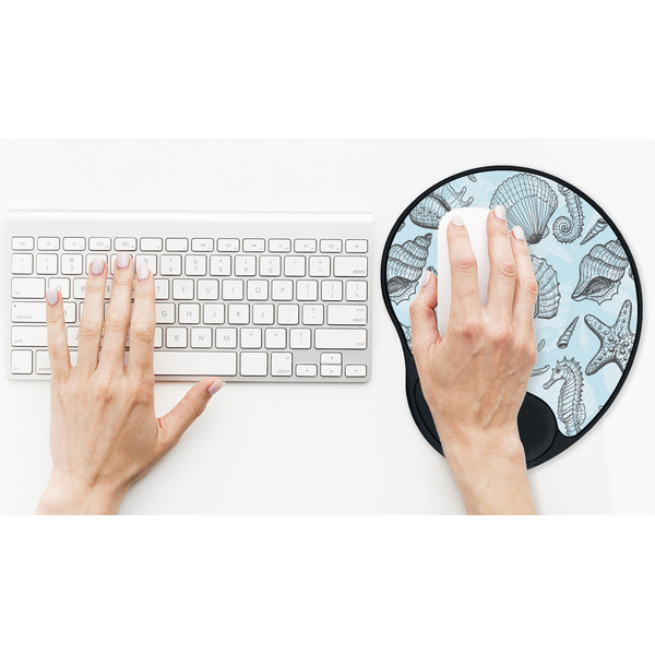 Sea-blue Seashells Mouse Pad with Wrist Rest - LIFESYTLE 2 (in use)