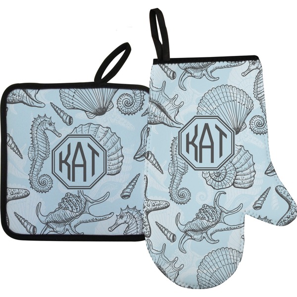 Custom Sea-blue Seashells Oven Mitt & Pot Holder Set w/ Monogram