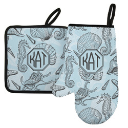 Sea-blue Seashells Left Oven Mitt & Pot Holder Set w/ Monogram
