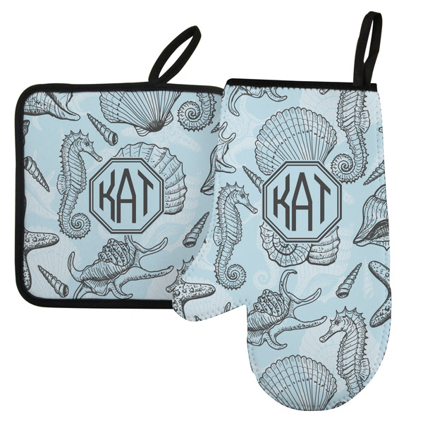 Custom Sea-blue Seashells Left Oven Mitt & Pot Holder Set w/ Monogram