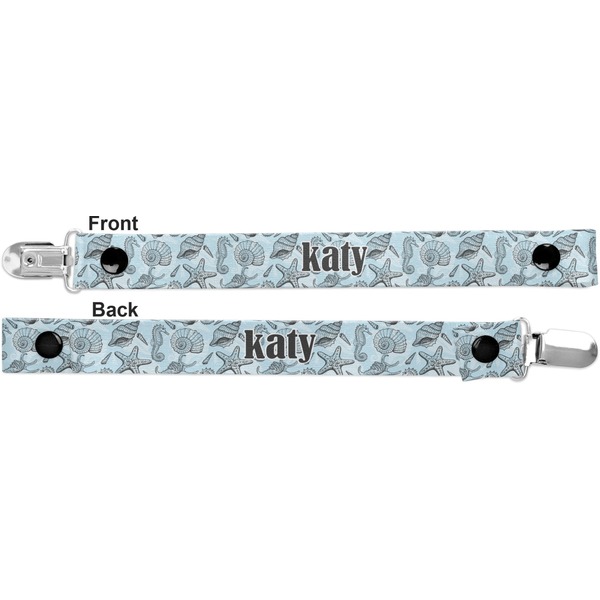Sea-blue Seashells Pacifier Clip - Front and Back
