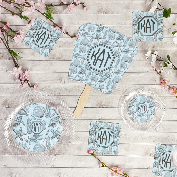 Sea-blue Seashells Party Supplies Combination Image - All items - Plates, Coasters, Fans