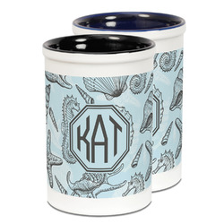 Sea-blue Seashells Ceramic Pencil Holder - Large