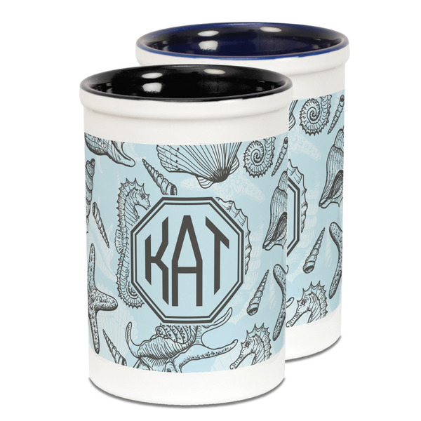 Custom Sea-blue Seashells Ceramic Pencil Holder - Large