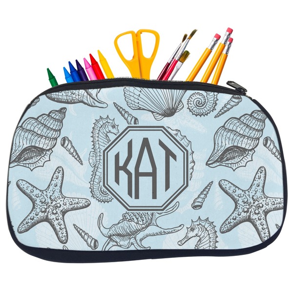 Custom Sea-blue Seashells Neoprene Pencil Case - Medium w/ Monogram