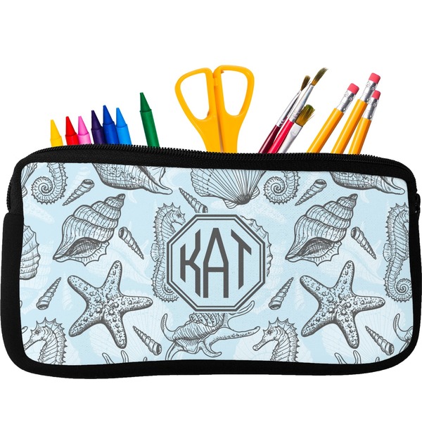 Custom Sea-blue Seashells Neoprene Pencil Case - Small w/ Monogram
