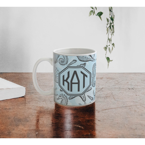 Sea-blue Seashells Personalized Coffee Mug - Lifestyle