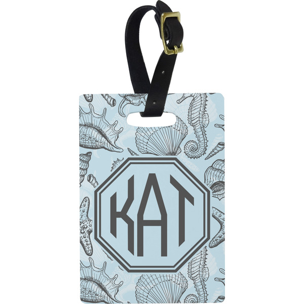 Custom Sea-blue Seashells Plastic Luggage Tag - Rectangular w/ Monogram