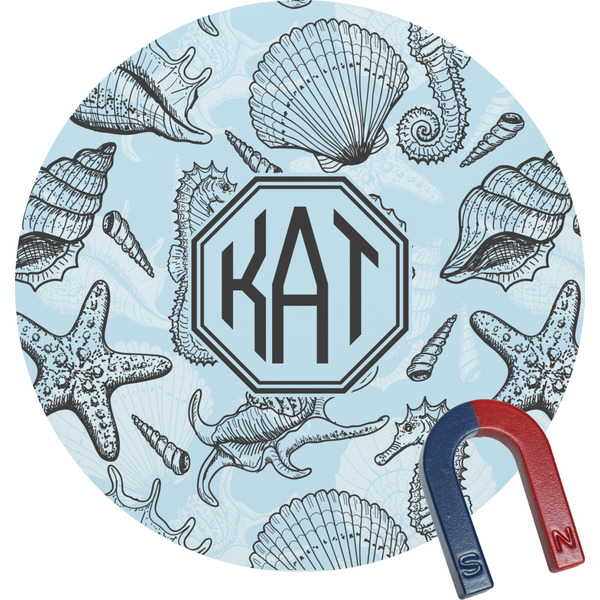 Custom Sea-blue Seashells Round Fridge Magnet (Personalized)
