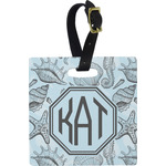 Sea-blue Seashells Plastic Luggage Tag - Square w/ Monogram