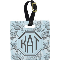 Sea-blue Seashells Plastic Luggage Tag - Square w/ Monogram