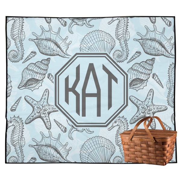 Custom Sea-blue Seashells Outdoor Picnic Blanket (Personalized)
