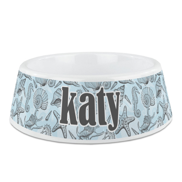 Custom Sea-blue Seashells Plastic Dog Bowl - Medium (Personalized)
