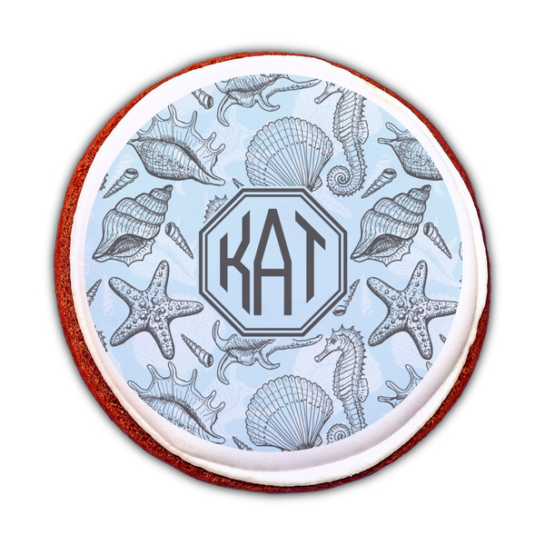 Sea-blue Seashells Printed Icing Circle - Medium - On Cookie