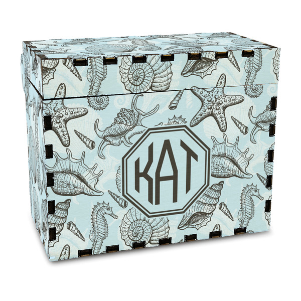 Custom Sea-blue Seashells Wood Recipe Box - Full Color Print (Personalized)