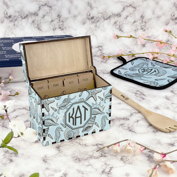 Sea-blue Seashells Recipe Box - Full Color - In Context