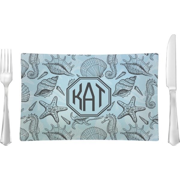 Custom Sea-blue Seashells Glass Rectangular Lunch / Dinner Plate (Personalized)