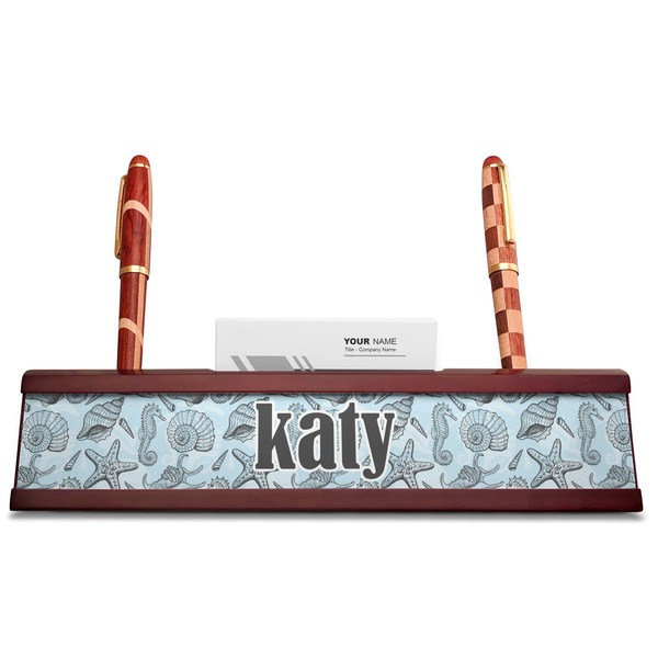 Sea-blue Seashells Red Mahogany Nameplates with Business Card Holder - Straight