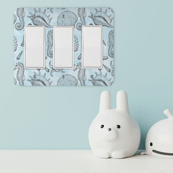 Sea-blue Seashells Rocker Light Switch Covers - Triple - IN CONTEXT