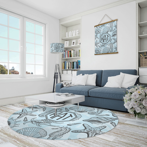 Sea-blue Seashells Round Area Rug - IN CONTEXT
