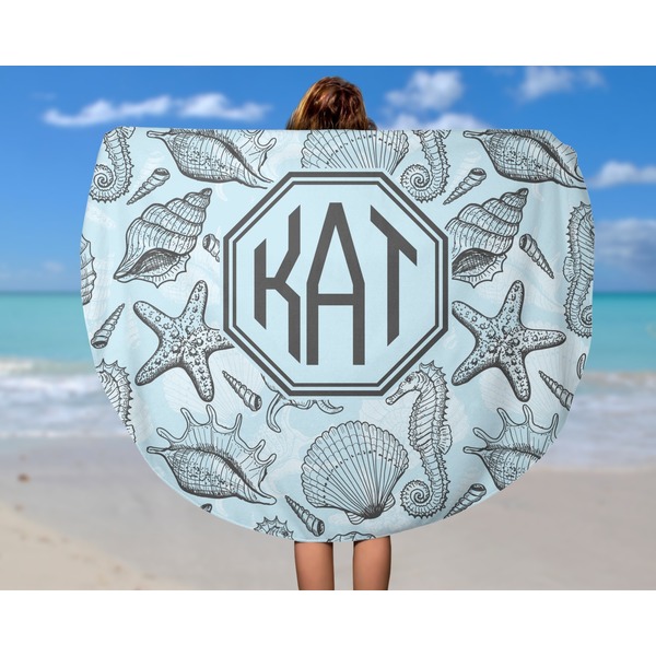 Sea-blue Seashells Round Beach Towel - In Use