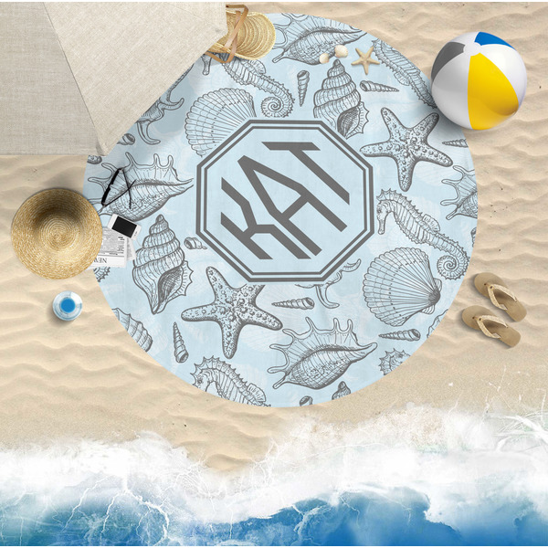 Sea-blue Seashells Round Beach Towel Lifestyle