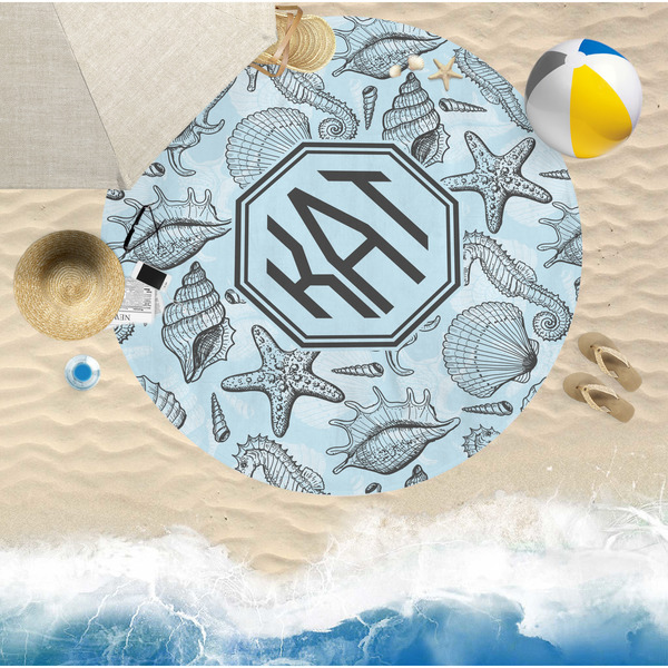 Sea-blue Seashells Round Beach Towel Lifestyle